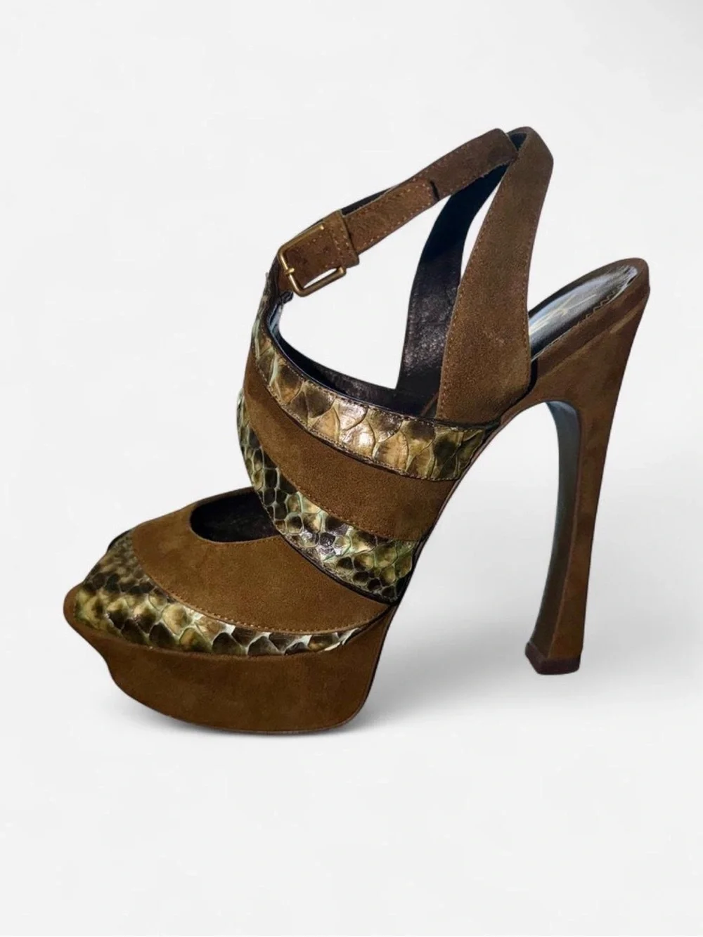 Yves Saint Laurent Brown Suede & Python-Print Slingback Heels